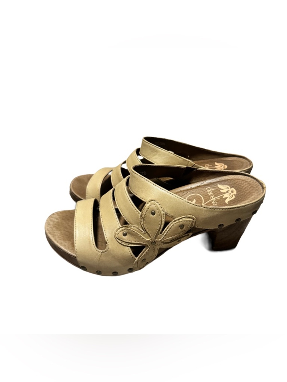 Dansko Nigella Leather Mule Strappy Sandal Women's 38 Tan Floral Block Heel Cute - Picture 7 of 7